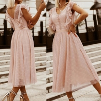 Fashion Ruffled Swiss-dot Sleeveless V-neck Dress