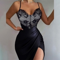 Sexy V-neck Lace Spliced Ruched Irregular Hemline Slit Bodycon Slip Dress