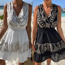 Fashion Floral Embroidery V-neck Sleeveless Tiered Dress