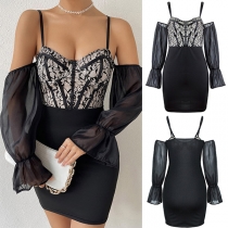 Fashion Sweetheart Neckline Lace Spliced Bodice Gauze Spliced Open-shoulder Trumpet Long Sleeve Slip Bodycon Dress