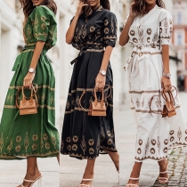 Fashion Floral Printed Mock Neck Elbow Sleeve Self-tie Dress