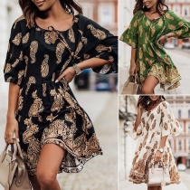 Bohemia Style Floral Printed Round Neck Elbow Sleeve Mini Dress