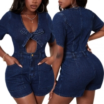 Sexig Plunge V-ringad Bowknot Kortärmad Jumpsuit.