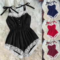 Sexy Self-tie Lace Spliced Lingerie Romper Nightwear Romper