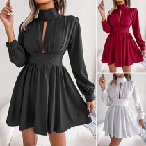 Casual Solid Color Mock Neck Cutout High-waist Long Sleeve Mini Dress