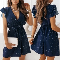 Dot Mönster volang Casual ärmlös V-ringad självknytande miniklänning