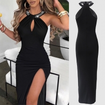 Fashion Bling-bling Rhinestone Hater V-neck Slit Maxi Dress