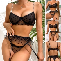 Sexy Semi-through Gauze Spliced Heart Printed Rhinestone Chain Three-piece Lingerie Set