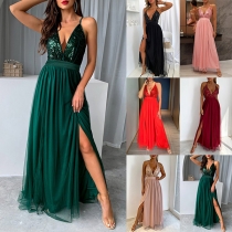 Sexig Bling-bling Paljettklädd V-ringad med korsad rygg och utan slits Festklänning