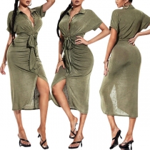 Sexy Solid Color Stand Collar Short Sleeve Self-tie Ruched Slit Dress