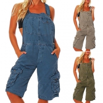 Casual Denim Romper with Patch Pockets
