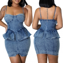 Sexig gammaltvättad Bodycon Klänning med volanger i denim