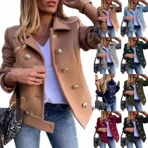 Elegant Solid Color Stand Collar Double Breasted Blazer