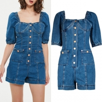 Fashion Buttoned Square Neck Short Sleeve Denim Romper
