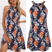 Fashion Floral Printed Halter Front Cutout Sleeveless Mini Dress