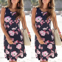 Fashion Floral Printed Round Neck Sleeveless Dress