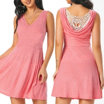 Casual V-neck Sleeveless Back Lace Spliced Draped Mini Dress