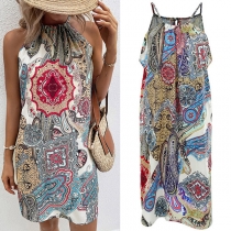 Bohemia Style Floral Printed Halter Dress