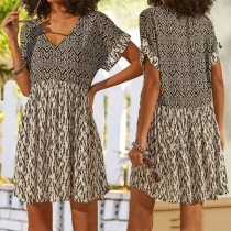 Bohemia Style Floral Printed V-neck Short Sleeve Loose Dress