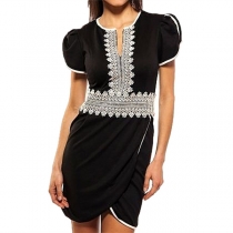 Casual Split Spets V-ringad Kortärmad Oregelbunden Hemline Bodycon Klänning