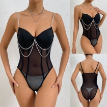 Sexig genomskinlig underkläderbody med Rhinestone Cut Out