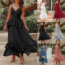 Elegant Solid Color V-neck Ruched Tiered Irregular Hemline Slip Dress