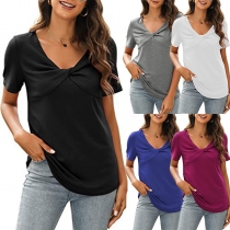 Casual Solid Color Kink-knot V-neck Short Sleeve Shirt