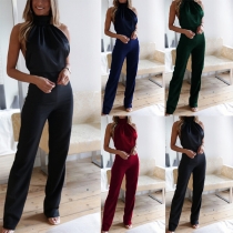 Sexy Solid Color Halter Mock neck Backless Wide-leg Jumpsuit