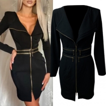Fashion Solid Color Long Sleeve Lapel Zipper Dress