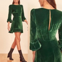 Fashion Solid Color Round Neck Elbow Sleeve Ruffled Mini Dress