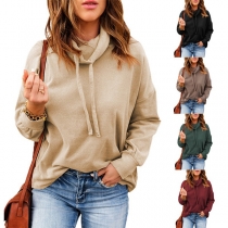 Casual Solid Color Draped Neck Drawstring Long Sleeve Shirt