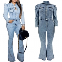 Vintage Old-washed Stand Collar Long Sleeve High-waist Wide-leg Denim Jumpsuit