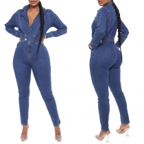 Fashion Old-washed Lapel Long Sleeve Smocked Waist Buttoned Denim Jumpsuit