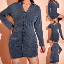 Vintage Old-washed Long Sleeve Stand Collar V-neck Ruched Plus-size Denim Dress