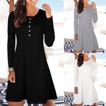 Casual Solid Color  Long Sleeve Front Buttoned Round Neck Dress