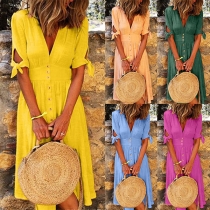 Fashion Solid Color Short Sleeve V-neck Buttoned Midi-dress