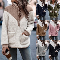 Fashion Contrast Color Long Sleeve Lapel Buttoned Plush Sweatshirt