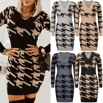 Mode Kontrastfärg Houndstooth Mönstrad Rund Hals Långärmad Bodycon Stickad Klänning