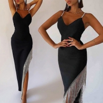 Sexy High Slit Tassle Backless Party Dress