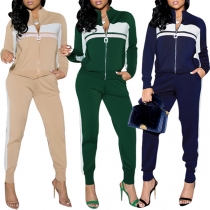 Casual Contrast Color Stripe Printed Sport Set