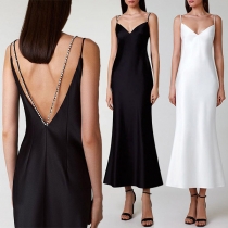 Sexy Solid Color V-neck Backless Rhinestone Slip Dress