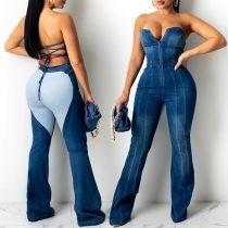 Fashion Contrast Color Strapless Lace-up Backless Wide-leg Denim Jumpsuit