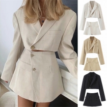 Fashion Rose Red Suit Set Consist of Lapel Crop Blazer and Mini Skirt