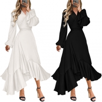 Fashion Solid Color Long Sleeve V-neck Irregular Ruffle Hemline Dress