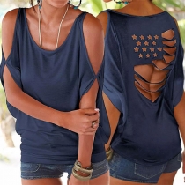 Fashion Solid Color Star Hollow Out Round Neck Open Shoulder Shirt