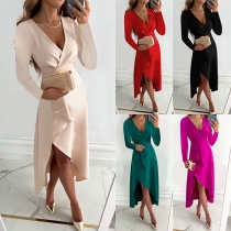 Fashion Solid Color V-neck Long SLeeve Ruffle Irregular Hemline Slit Dress