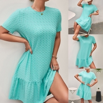 Fashion Solid Color Round Neck Short Sleeve Ruffle Hemline Dress