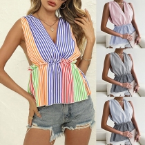 Fashion Contast Color  V-neck Sleeveless Shirt