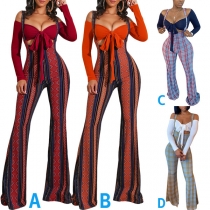 Sexy Two-piece Set Consist of Self-tie Sweetheart Neckline Shirt and Checkered Wide-leg Suspender Pants
