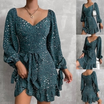 Fashion Floral Printed Long Sleeve V-neck Self-tie Ruffled Dress
